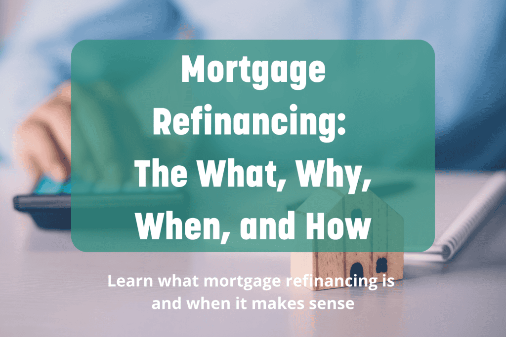 Mortgage Refinancing picture of a person with a pen, a calculator, and a little figure of a home.