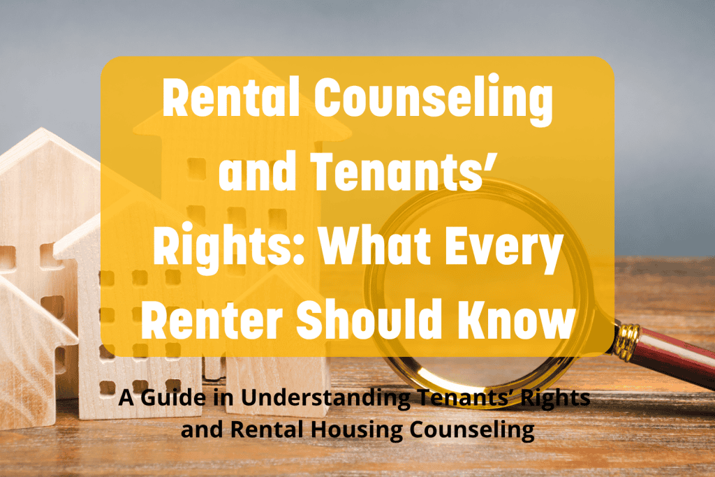 Tenants Right and rental Counseling. Wooden Houses with a Magnifying Glass